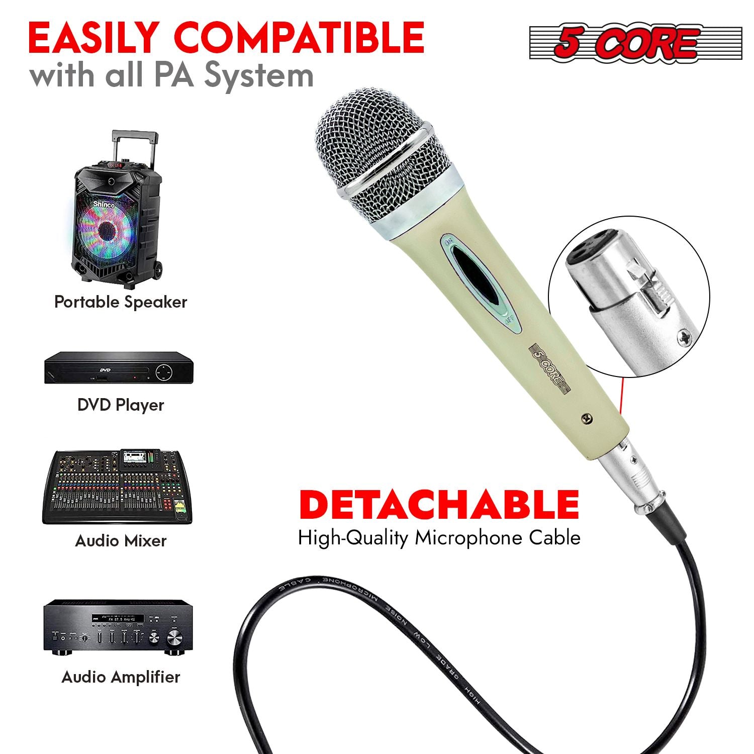 5 CORE Microphone Dynamic Vocal Handheld Mic Cardioid Unidirectional Microfono w On Off Switch + XLR Audio Cable for Sin image 4