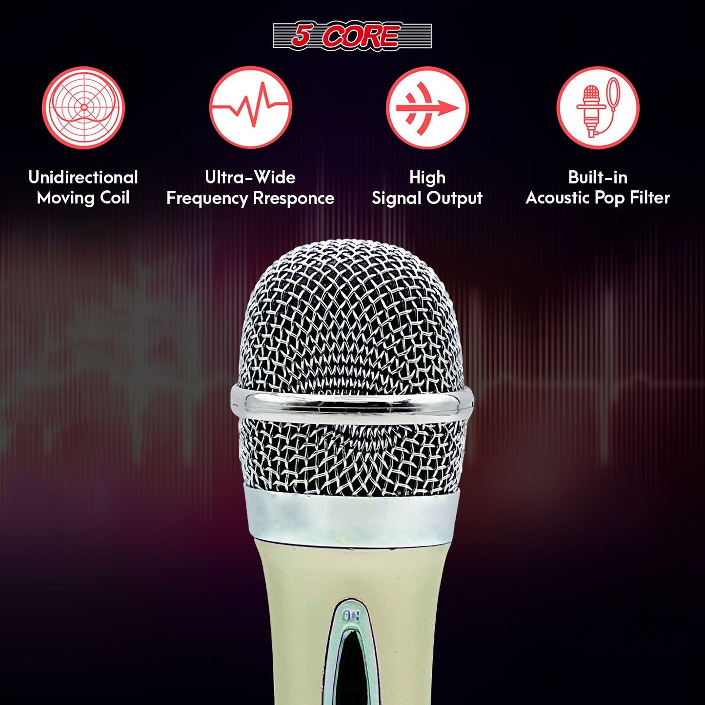 5 CORE Microphone Dynamic Vocal Handheld Mic Cardioid Unidirectional Microfono w On Off Switch + XLR Audio Cable for Sin image 3