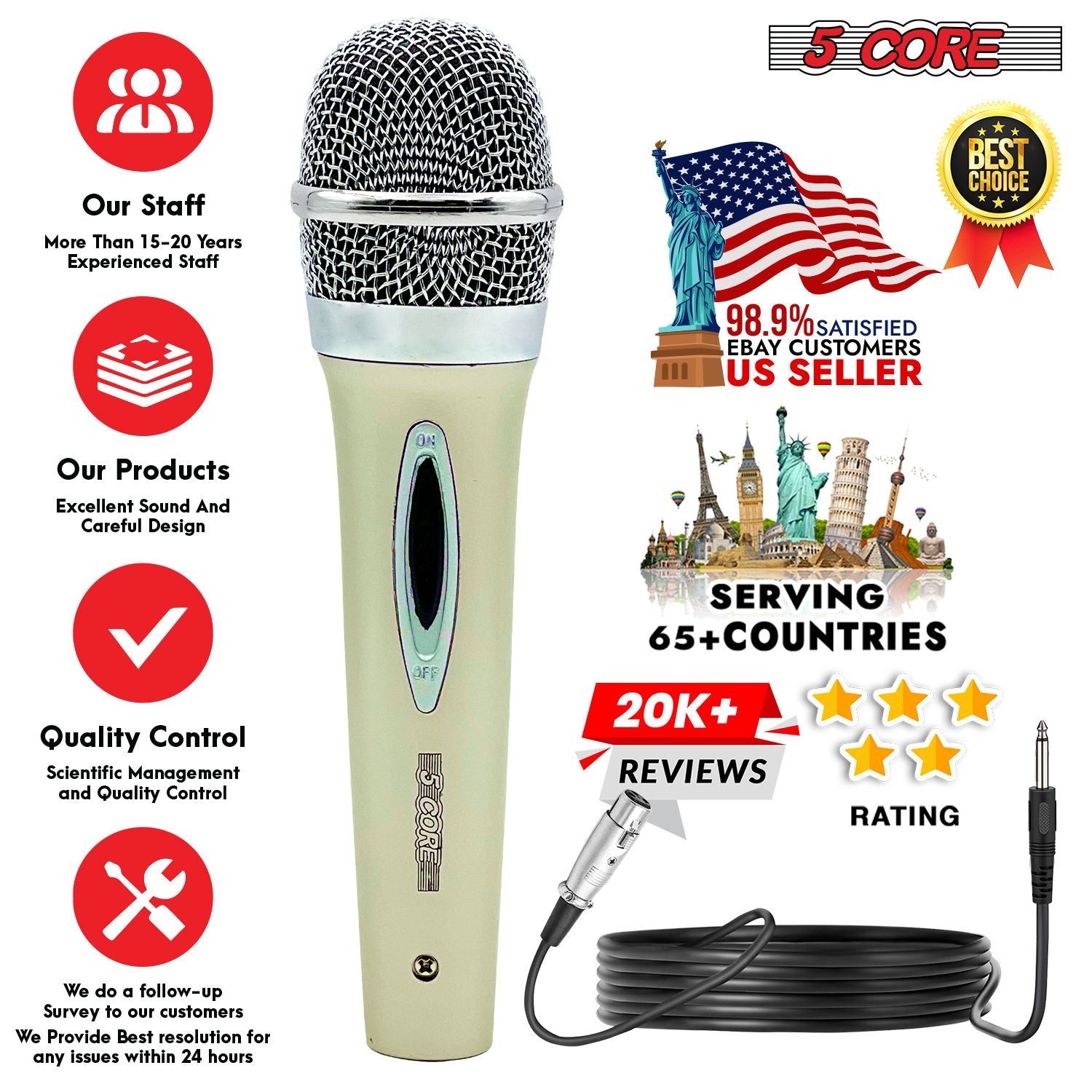 5 CORE Microphone Dynamic Vocal Handheld Mic Cardioid Unidirectional Microfono w On Off Switch + XLR Audio Cable for Sin image 8