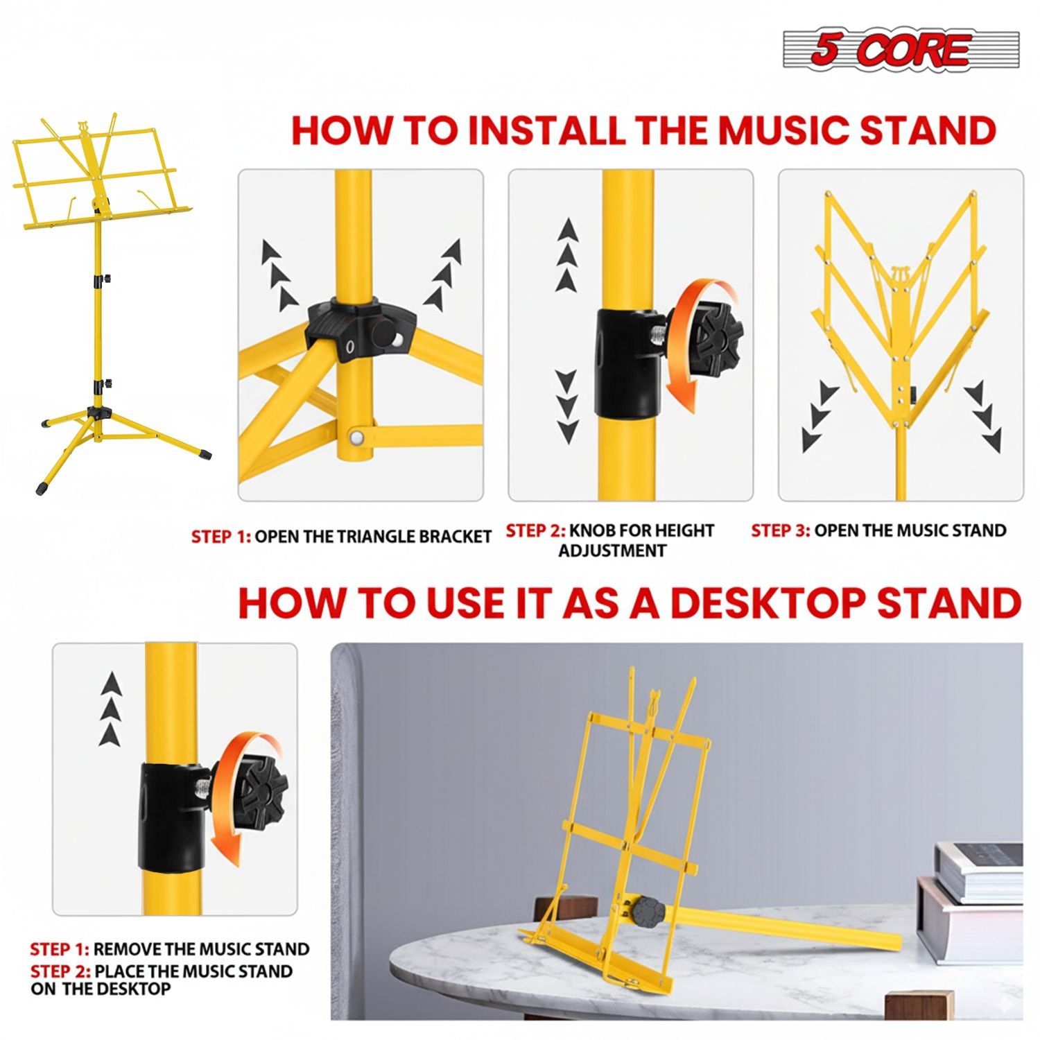 5 Core Music Stand Adjustable 57" Desktop Book Stands Sheet Holder All Metal Portable Bookstand image 3