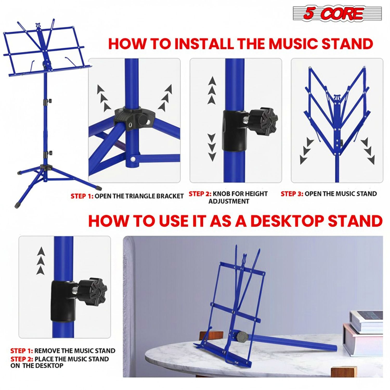 5 Core Music Stand Adjustable Desktop Book Stands Portable Sheet Holder All Metal Foldable Bookstand - MUS FLD BLU image 6
