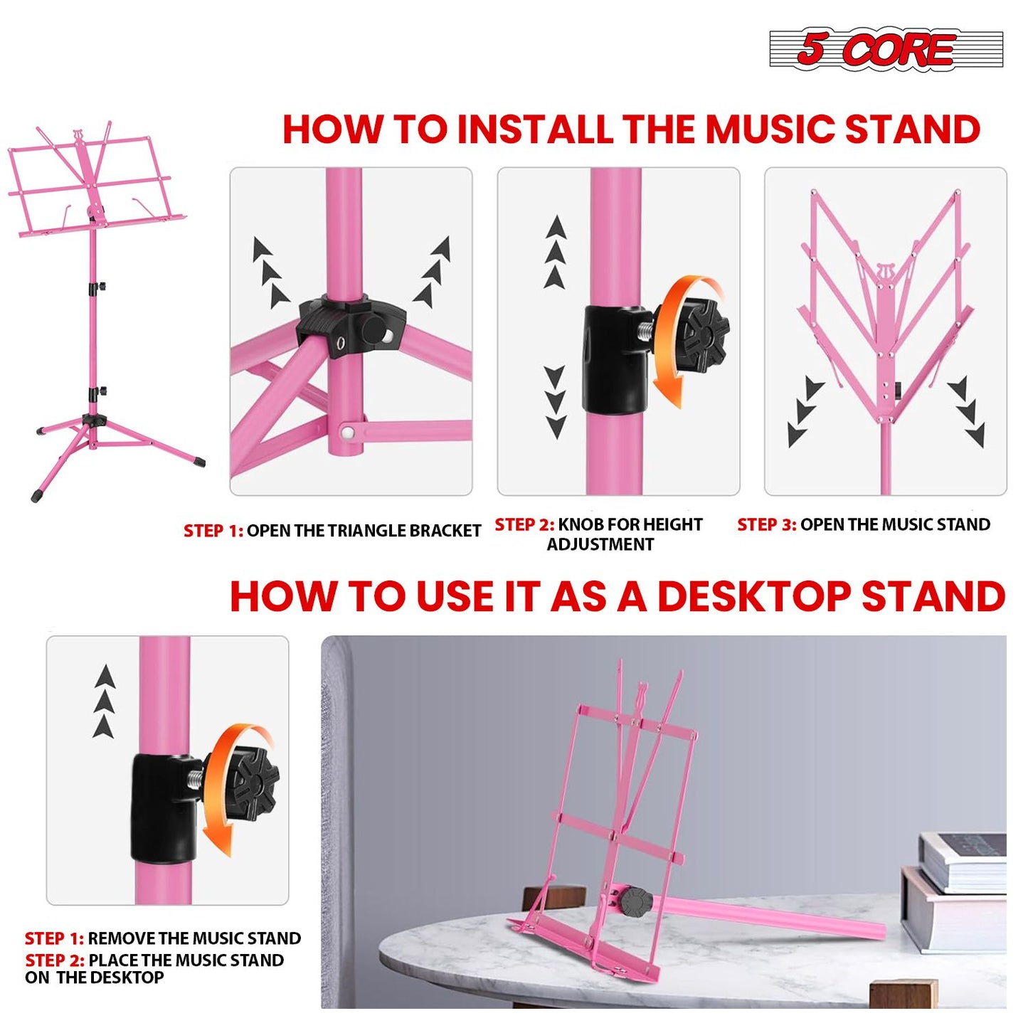 5 Core Music Stand Adjustable Desktop Book Stands Portable Sheet Holder All Metal Foldable Bookstand - MUS FLD PNK image 4