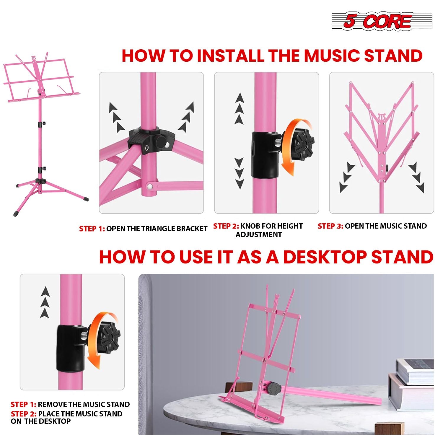 5 Core Music Stand Adjustable Desktop Book Stands Portable Sheet Holder All Metal Foldable Bookstand - MUS FLD PNK image 4