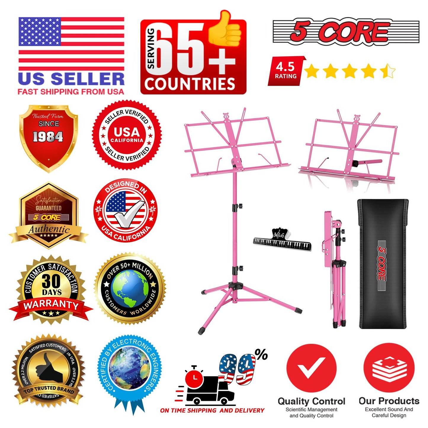 5 Core Music Stand Adjustable Desktop Book Stands Portable Sheet Holder All Metal Foldable Bookstand - MUS FLD PNK image 9