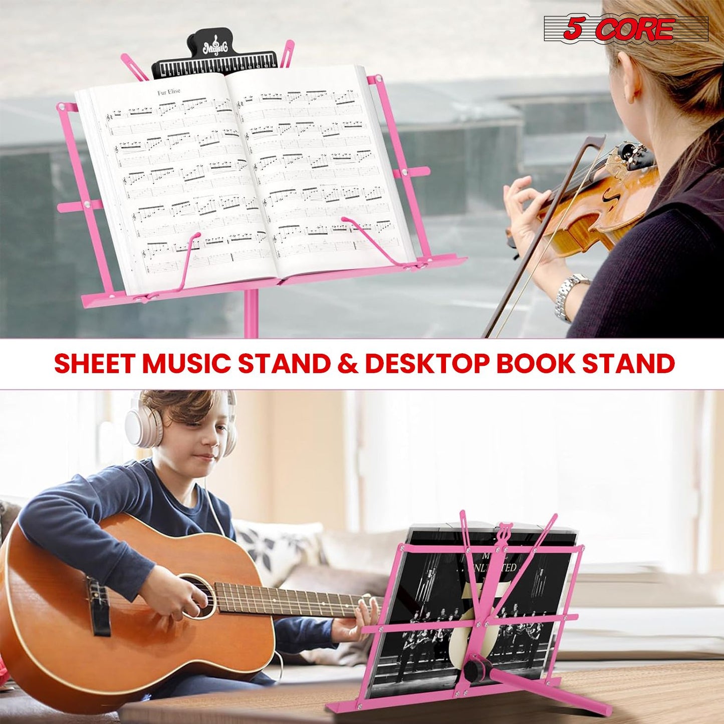 5 Core Music Stand Adjustable Desktop Book Stands Portable Sheet Holder All Metal Foldable Bookstand - MUS FLD PNK image 5