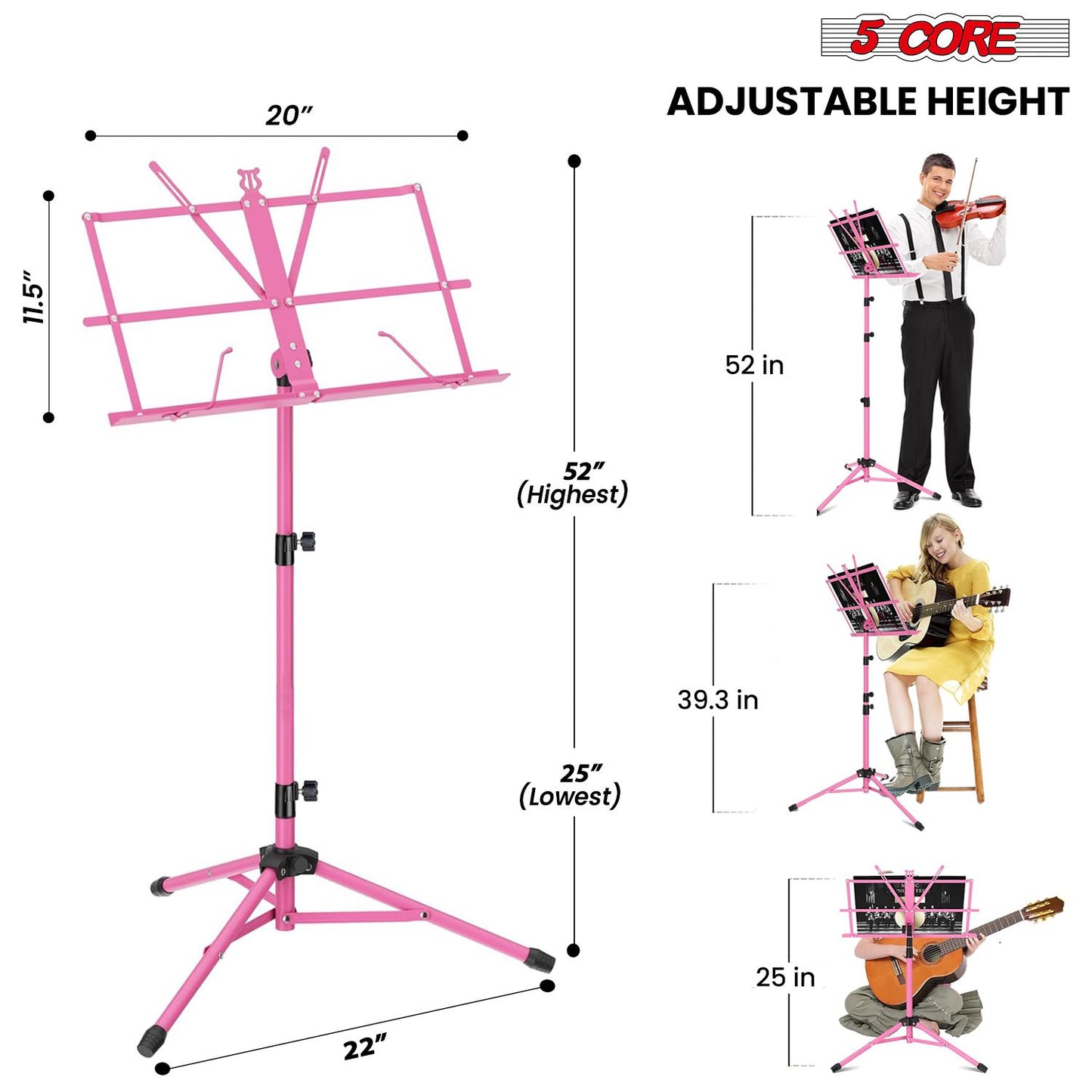 5 Core Music Stand Adjustable Desktop Book Stands Portable Sheet Holder All Metal Foldable Bookstand - MUS FLD PNK image 3