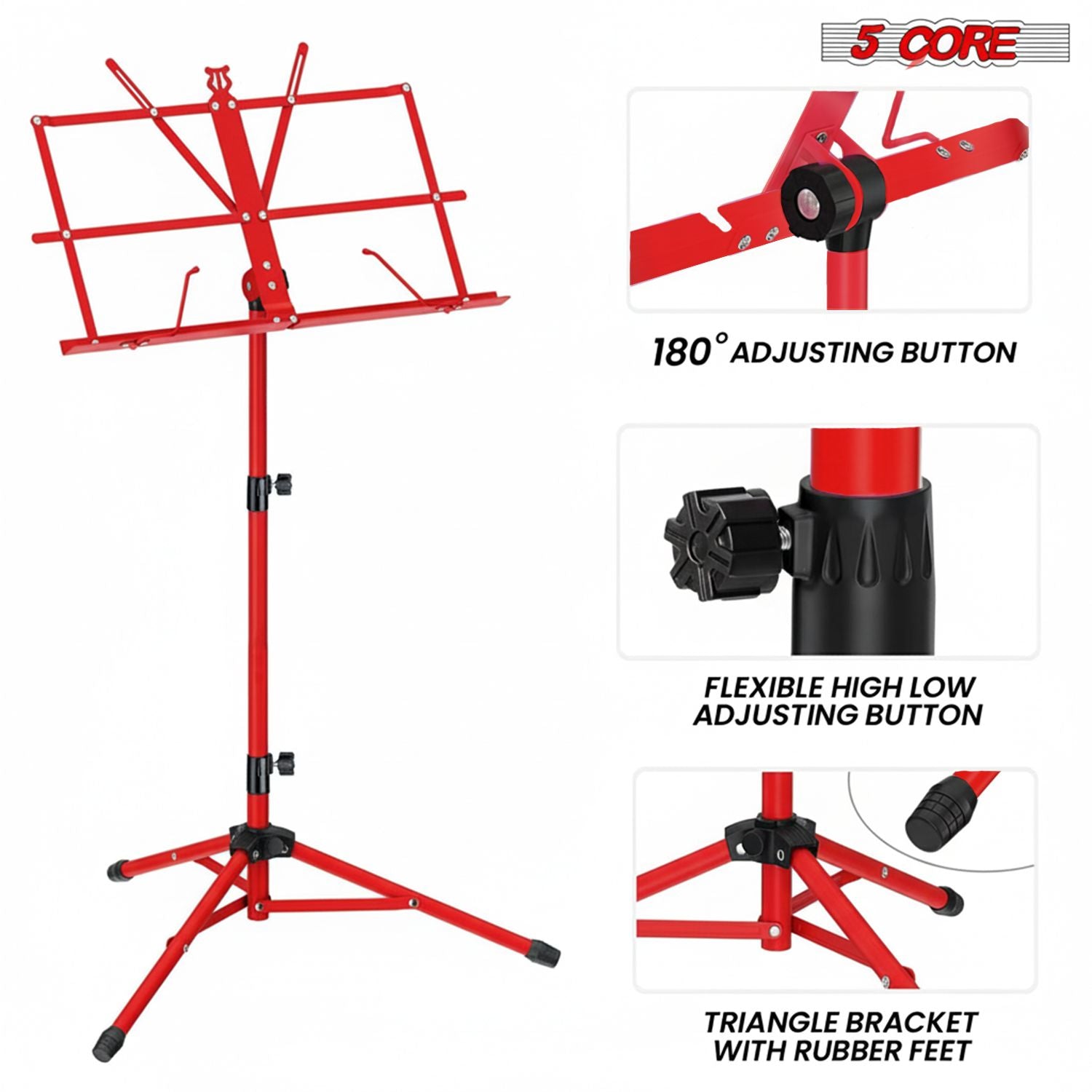 5 Core Music Stand Adjustable Desktop Book Stands Portable Sheet Holder All Metal Foldable Bookstand - MUS FLD RED image 4