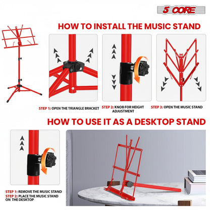 5 Core Music Stand Adjustable Desktop Book Stands Portable Sheet Holder All Metal Foldable Bookstand - MUS FLD RED image 3