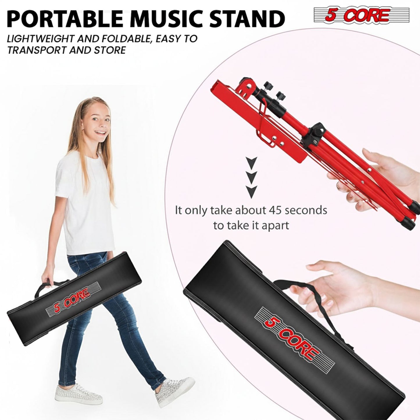 5 Core Music Stand Adjustable Desktop Book Stands Portable Sheet Holder All Metal Foldable Bookstand - MUS FLD RED image 6