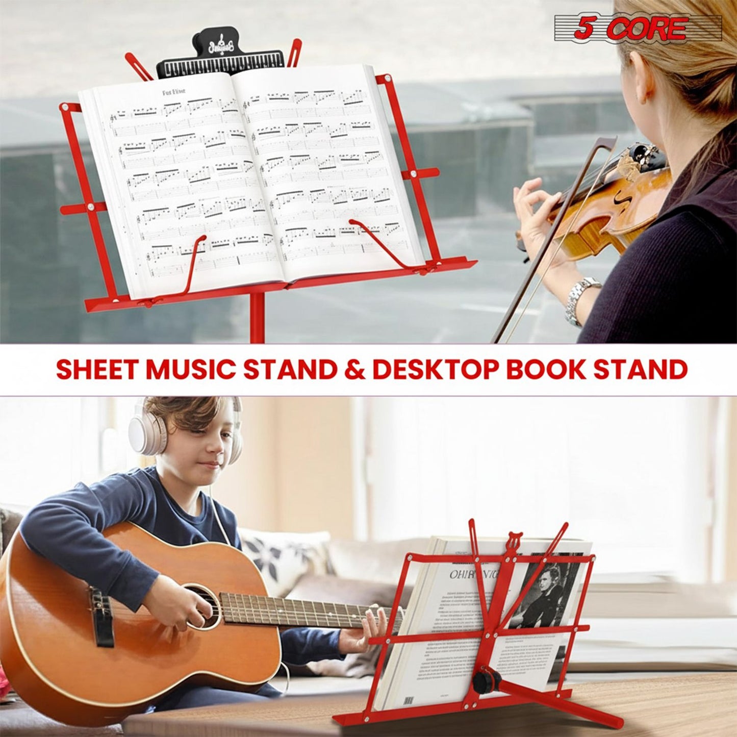 5 Core Music Stand Adjustable Desktop Book Stands Portable Sheet Holder All Metal Foldable Bookstand - MUS FLD RED image 5