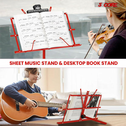 5 Core Music Stand Adjustable Desktop Book Stands Portable Sheet Holder All Metal Foldable Bookstand - MUS FLD RED image 5