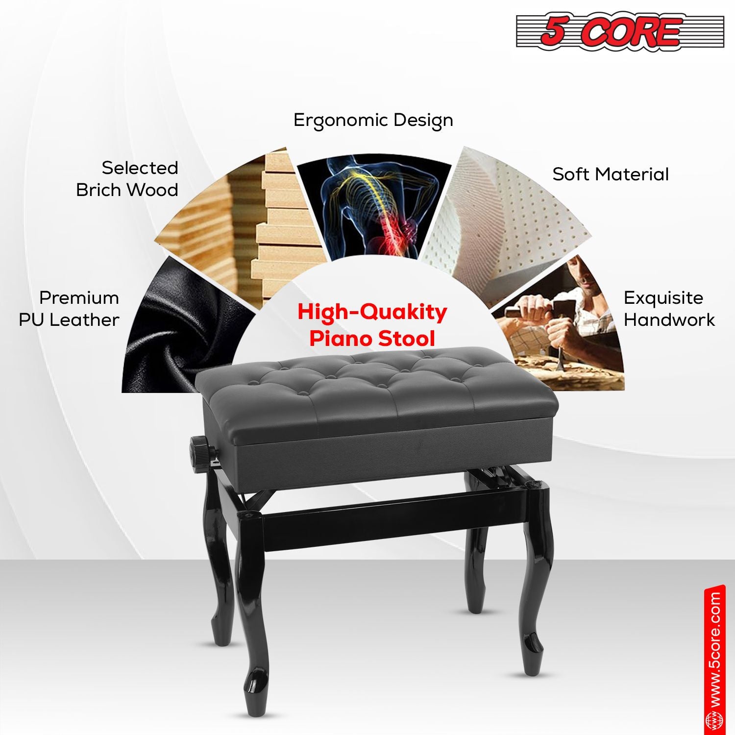 5 Core Piano Bench Wooden Height Adjustable Stool Heavy Duty Keyboard Seat with Storage - PNB WD HD BLK image 8