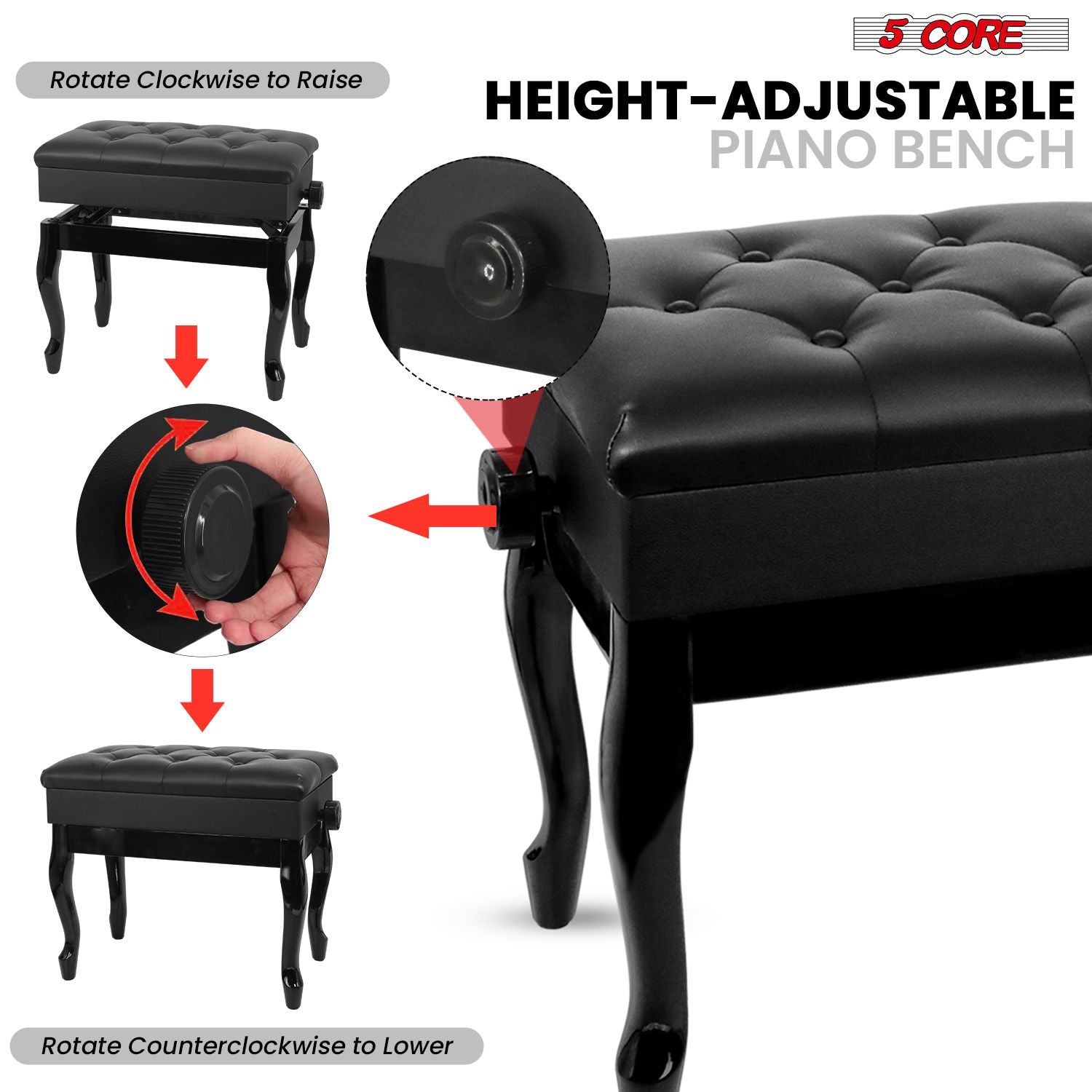 5 Core Piano Bench Wooden Height Adjustable Stool Heavy Duty Keyboard Seat with Storage - PNB WD HD BLK image 6