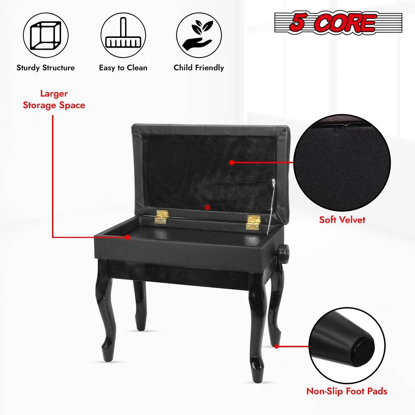 5 Core Piano Bench Wooden Height Adjustable Stool Heavy Duty Keyboard Seat with Storage - PNB WD HD BLK image 10