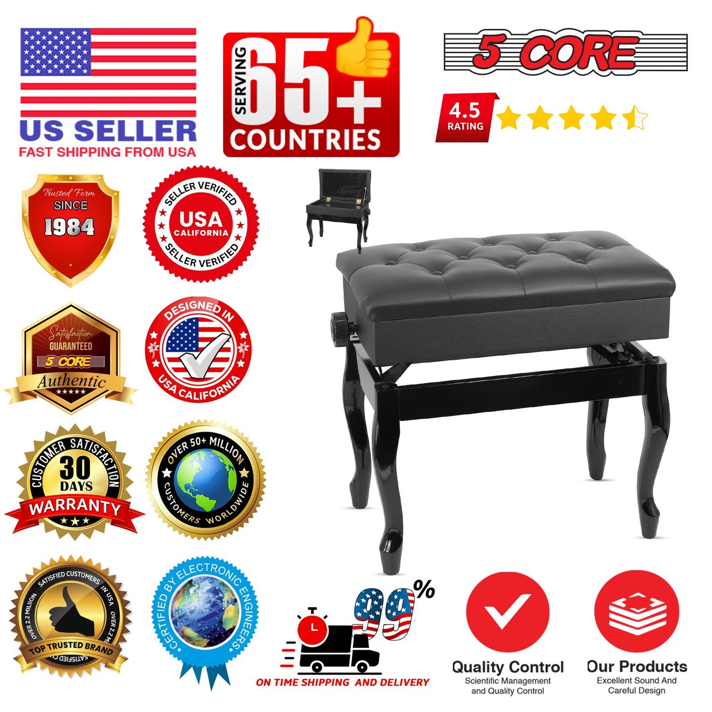 5 Core Piano Bench Wooden Height Adjustable Stool Heavy Duty Keyboard Seat with Storage - PNB WD HD BLK image 13
