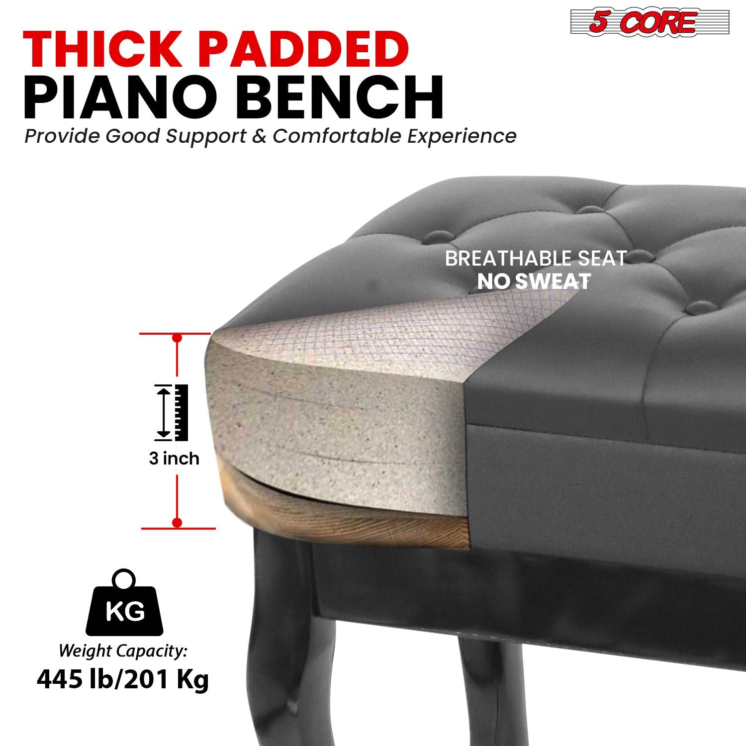 5 Core Piano Bench Wooden Height Adjustable Stool Heavy Duty Keyboard Seat with Storage - PNB WD HD BLK image 2