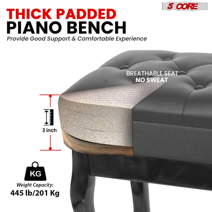 5 Core Piano Bench Wooden Height Adjustable Stool Heavy Duty Keyboard Seat with Storage - PNB WD HD BLK image 2