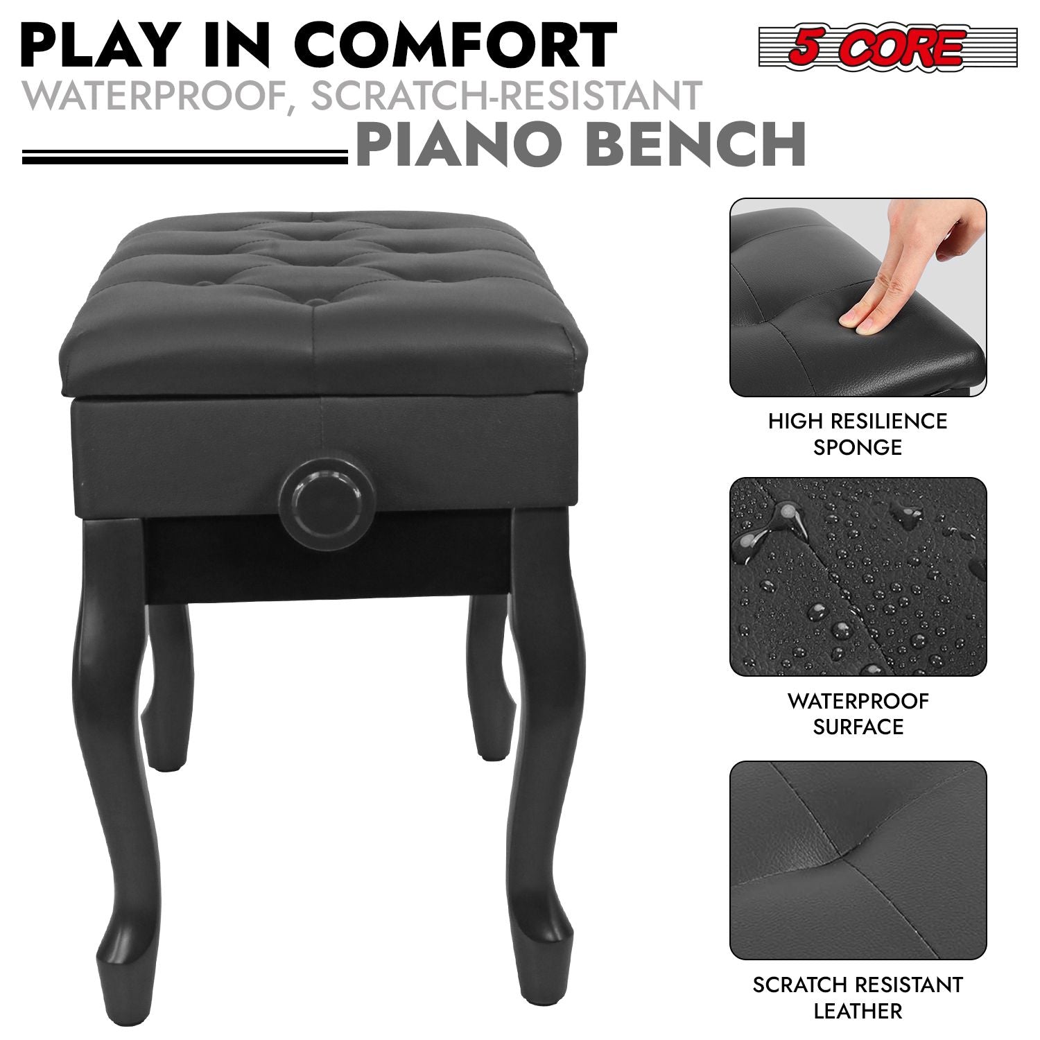 5 Core Piano Bench Wooden Height Adjustable Stool Heavy Duty Keyboard Seat with Storage - PNB WD HD BLK image 5