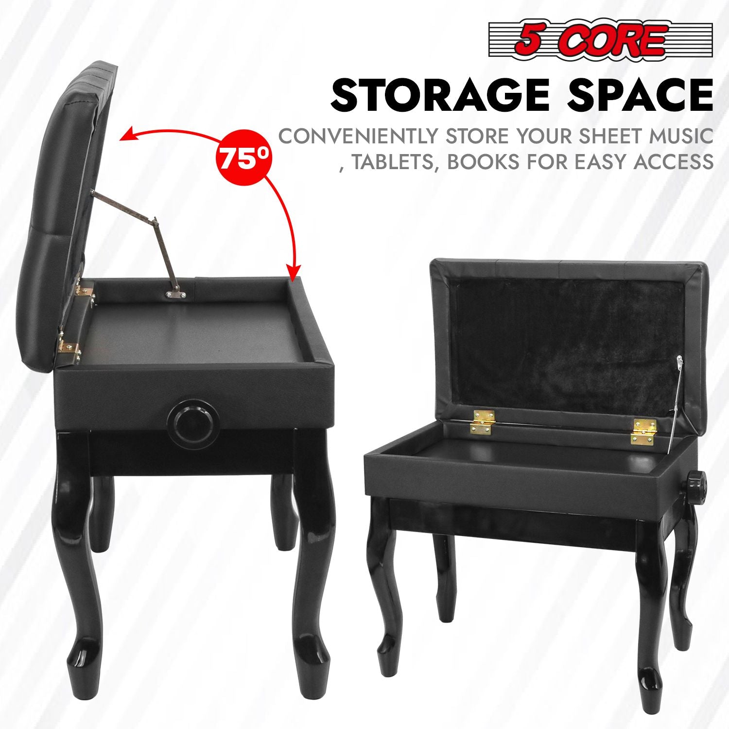 5 Core Piano Bench Wooden Height Adjustable Stool Heavy Duty Keyboard Seat with Storage - PNB WD HD BLK image 4