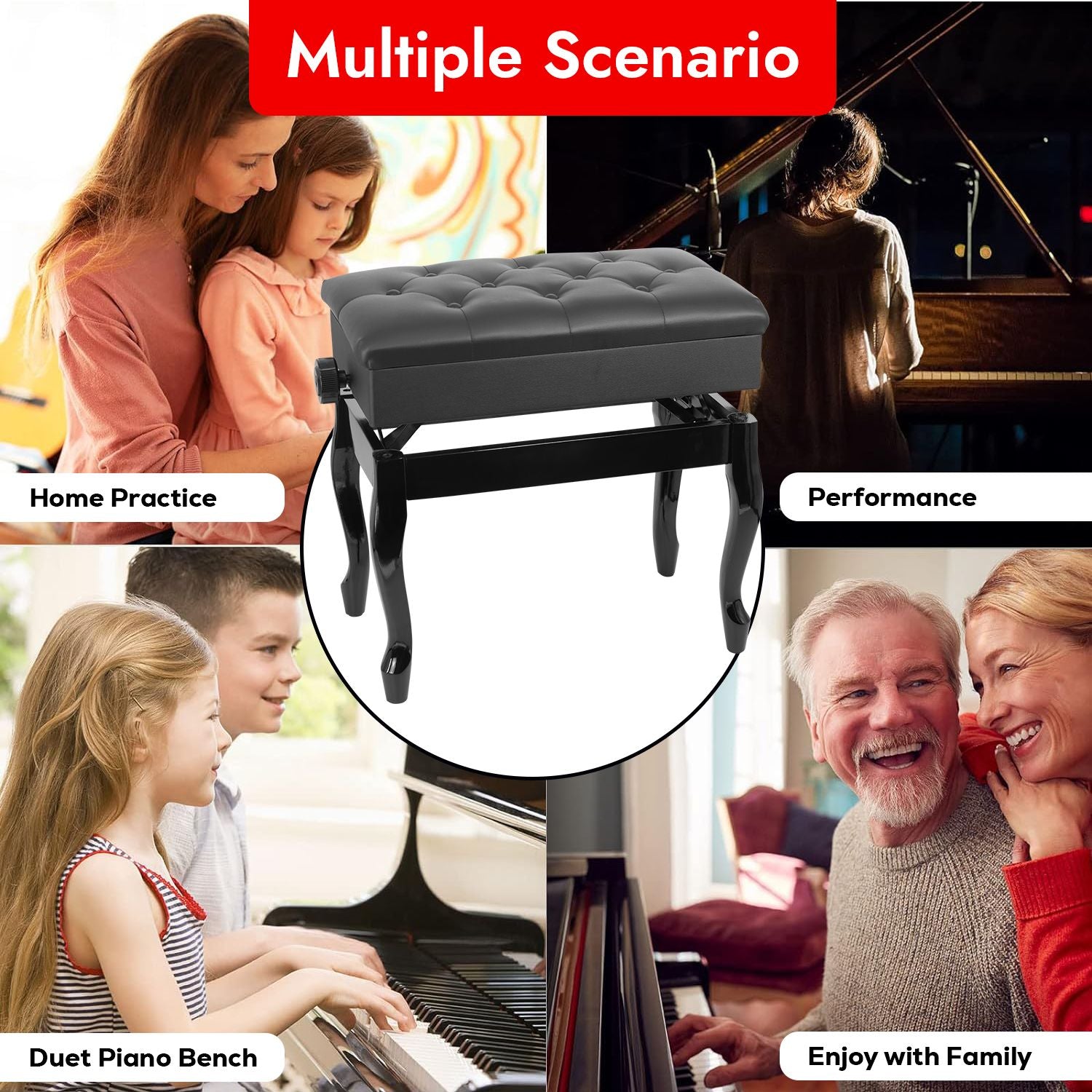 5 Core Piano Bench Wooden Height Adjustable Stool Heavy Duty Keyboard Seat with Storage - PNB WD HD BLK image 12