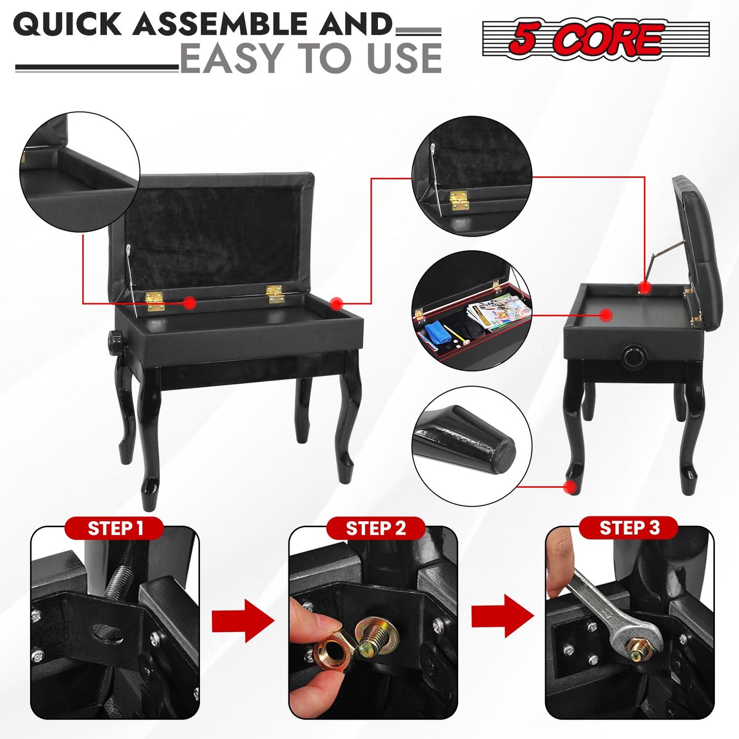 5 Core Piano Bench Wooden Height Adjustable Stool Heavy Duty Keyboard Seat with Storage - PNB WD HD BLK image 9