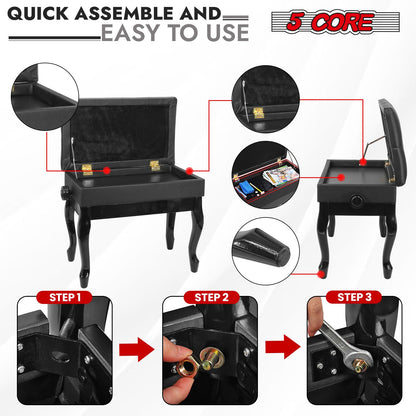 5 Core Piano Bench Wooden Height Adjustable Stool Heavy Duty Keyboard Seat with Storage - PNB WD HD BLK image 9