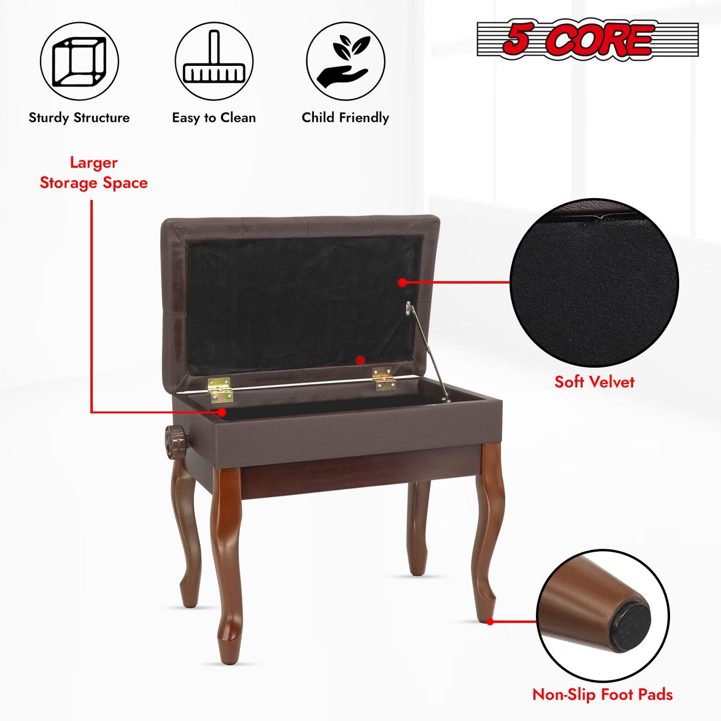 5 Core Piano Bench Wooden Height Adjustable Stool Heavy Duty Keyboard Seat with Storage - PNB WD HD BR image 7