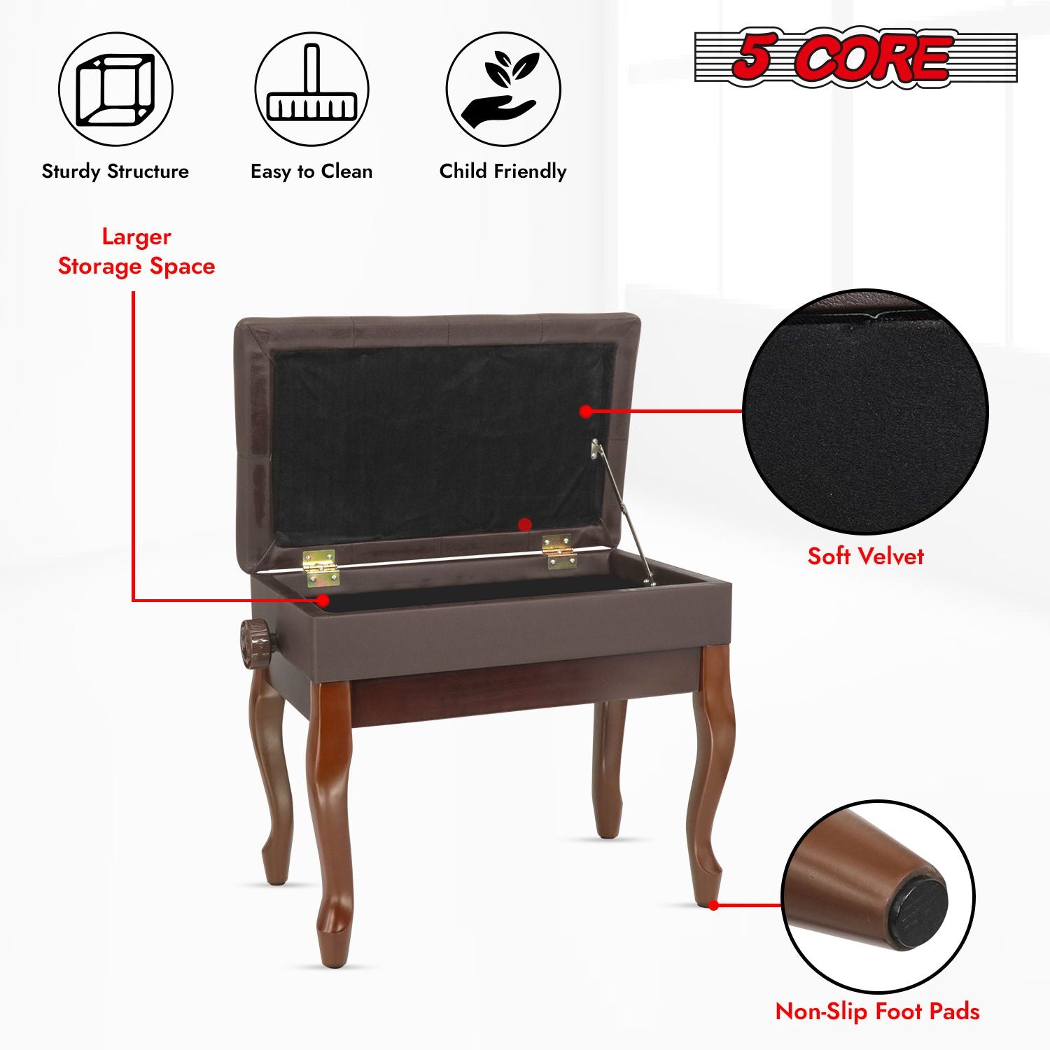 5 Core Piano Bench Wooden Height Adjustable Stool Heavy Duty Keyboard Seat with Storage - PNB WD HD BR image 7