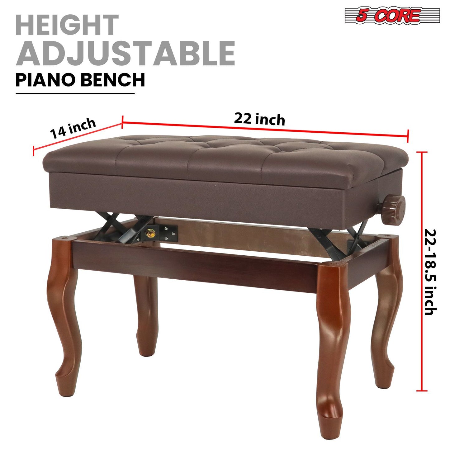 5 Core Piano Bench Wooden Height Adjustable Stool Heavy Duty Keyboard Seat with Storage - PNB WD HD BR image 3