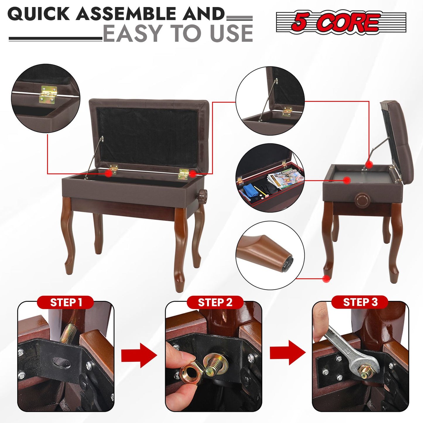 5 Core Piano Bench Wooden Height Adjustable Stool Heavy Duty Keyboard Seat with Storage - PNB WD HD BR image 9