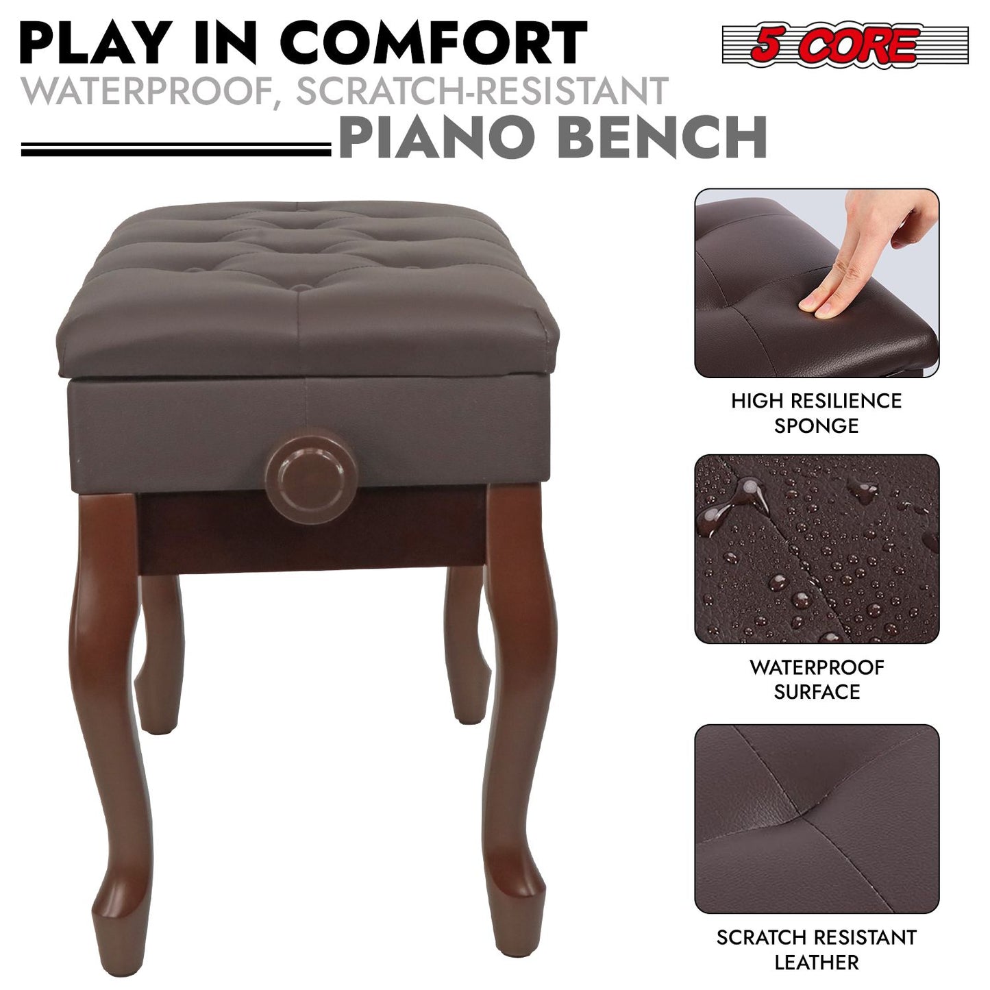 5 Core Piano Bench Wooden Height Adjustable Stool Heavy Duty Keyboard Seat with Storage - PNB WD HD BR image 5