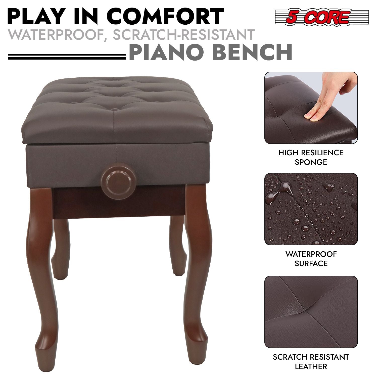 5 Core Piano Bench Wooden Height Adjustable Stool Heavy Duty Keyboard Seat with Storage - PNB WD HD BR image 5