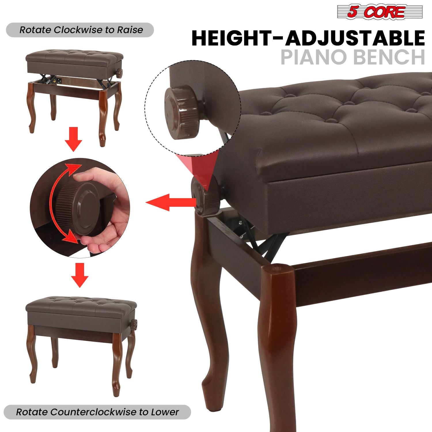 5 Core Piano Bench Wooden Height Adjustable Stool Heavy Duty Keyboard Seat with Storage - PNB WD HD BR image 6