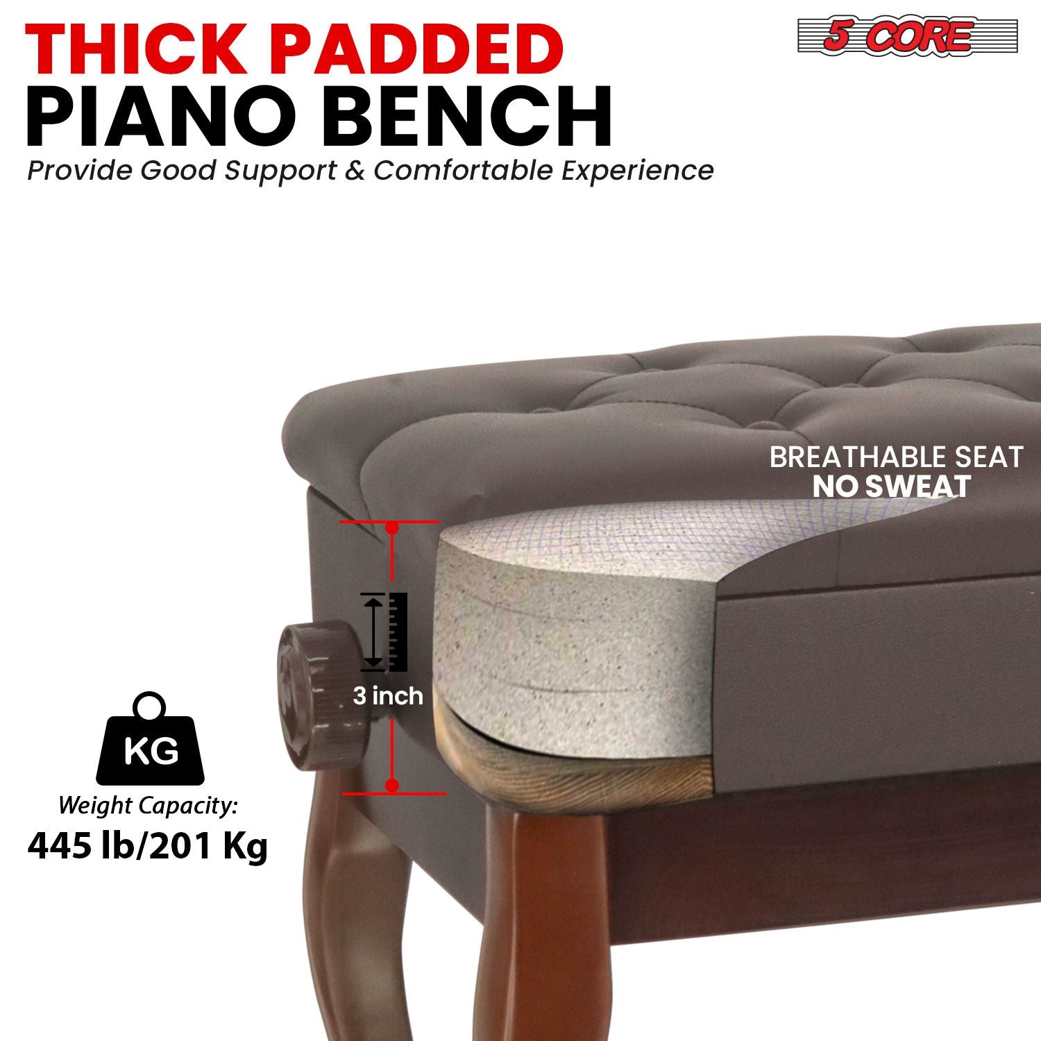 5 Core Piano Bench Wooden Height Adjustable Stool Heavy Duty Keyboard Seat with Storage - PNB WD HD BR image 2