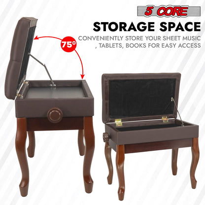 5 Core Piano Bench Wooden Height Adjustable Stool Heavy Duty Keyboard Seat with Storage - PNB WD HD BR image 4
