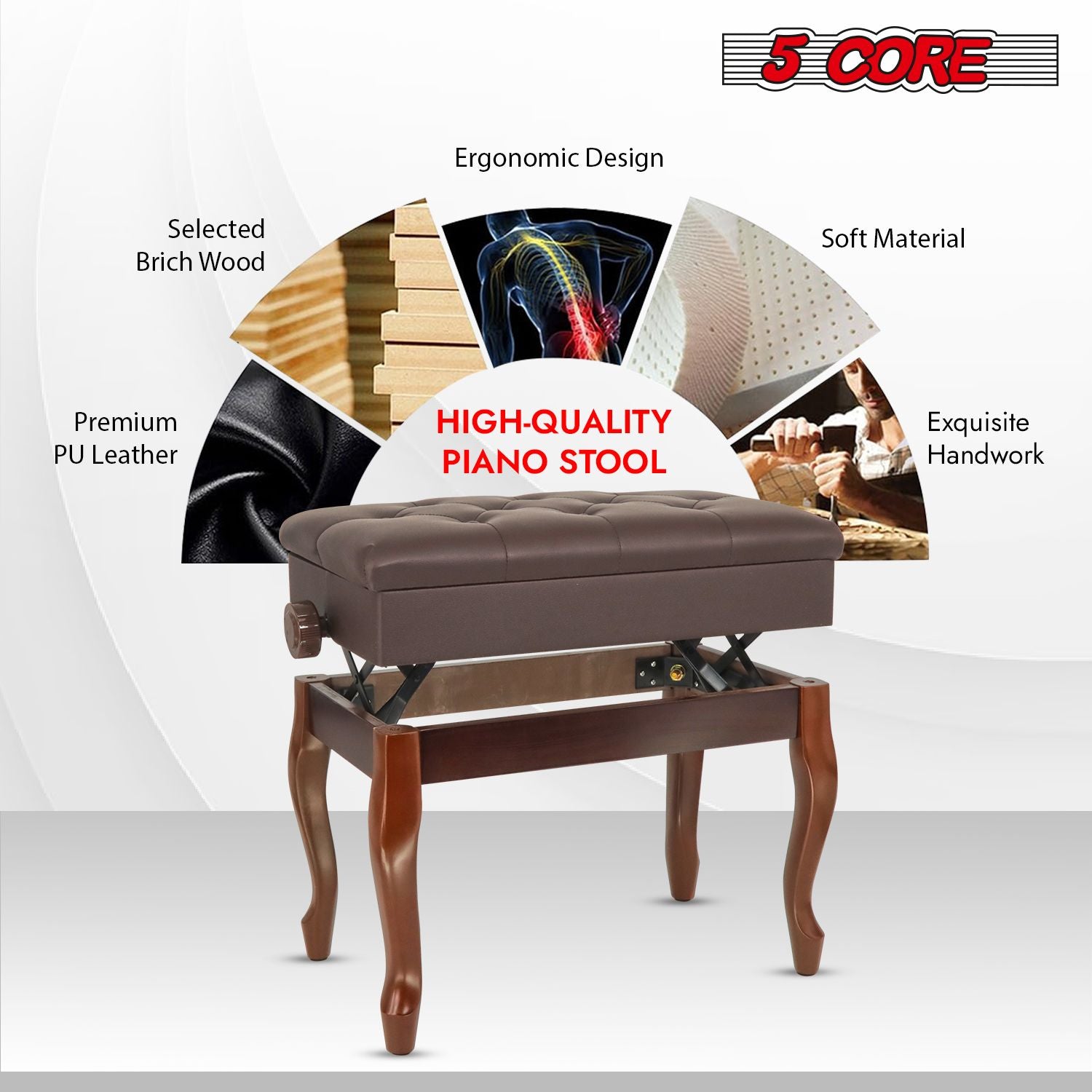 5 Core Piano Bench Wooden Height Adjustable Stool Heavy Duty Keyboard Seat with Storage - PNB WD HD BR image 10