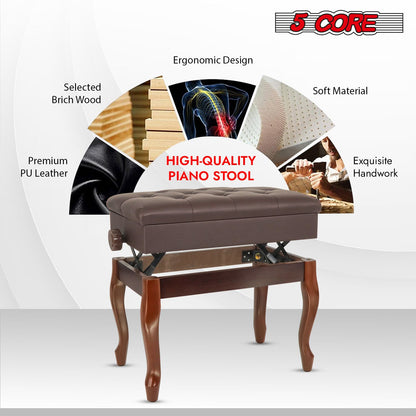 5 Core Piano Bench Wooden Height Adjustable Stool Heavy Duty Keyboard Seat with Storage - PNB WD HD BR image 10