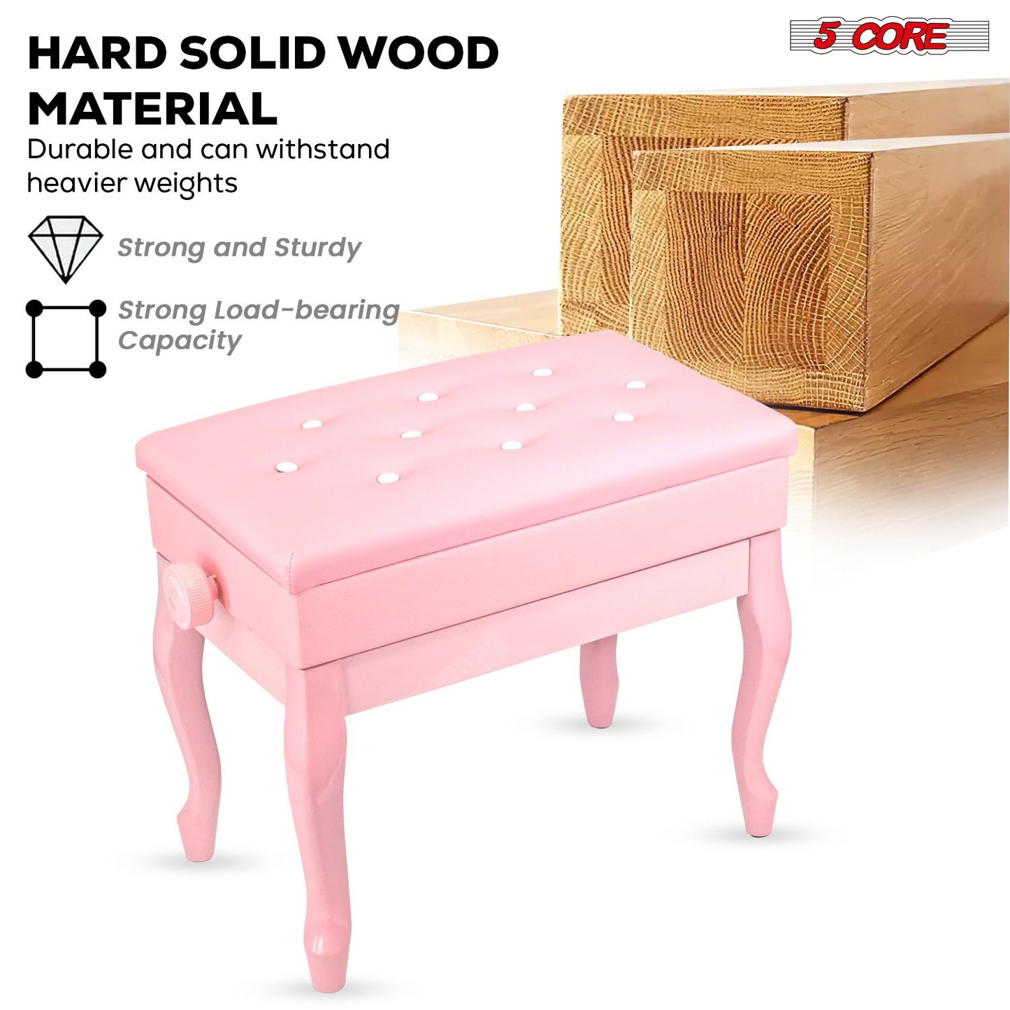 5 Core Piano Bench Wooden Height Adjustable Stool Heavy Duty Keyboard Seat with Storage - PNB WD HD PNK image 7