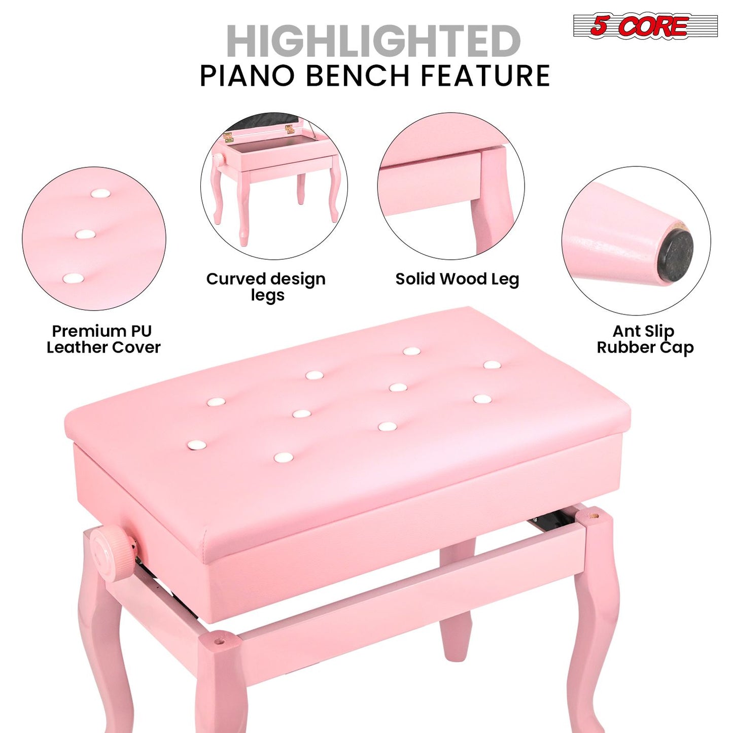5 Core Piano Bench Wooden Height Adjustable Stool Heavy Duty Keyboard Seat with Storage - PNB WD HD PNK image 6