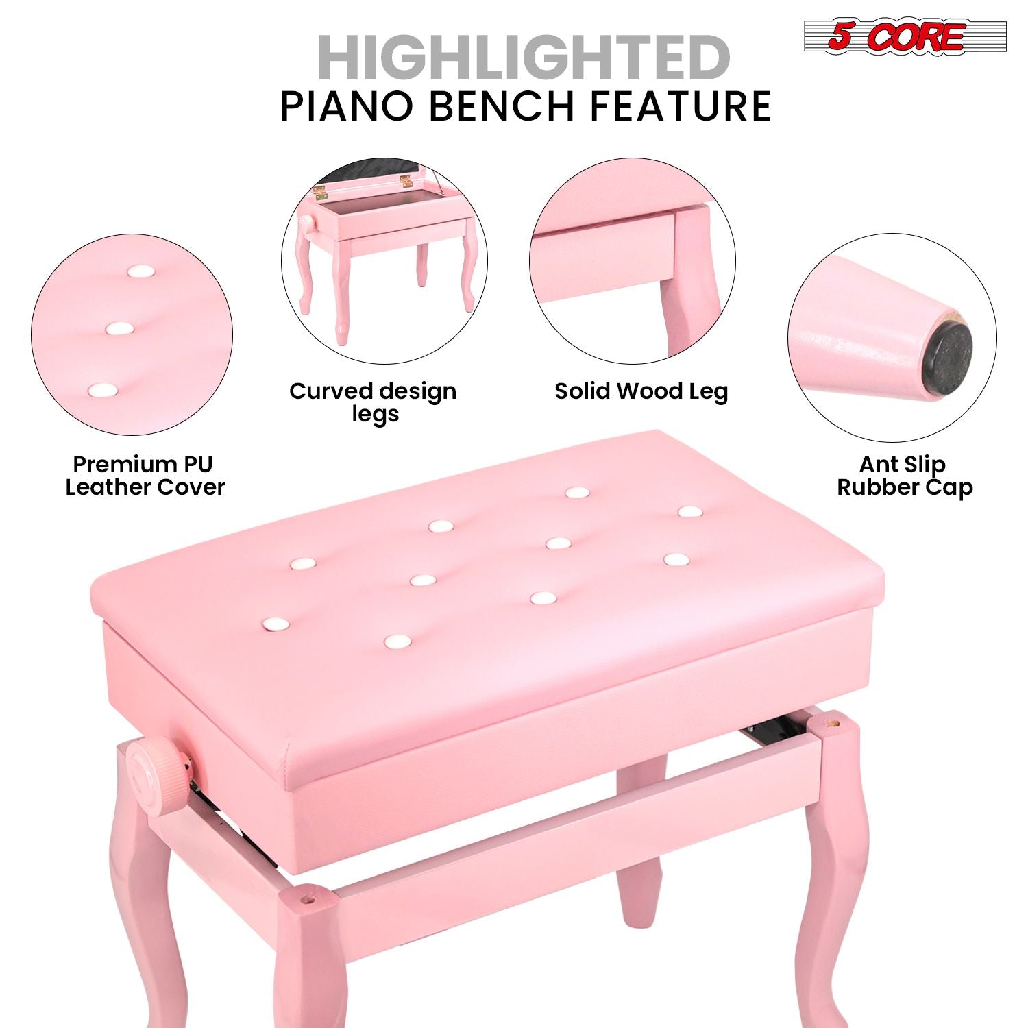 5 Core Piano Bench Wooden Height Adjustable Stool Heavy Duty Keyboard Seat with Storage - PNB WD HD PNK image 6