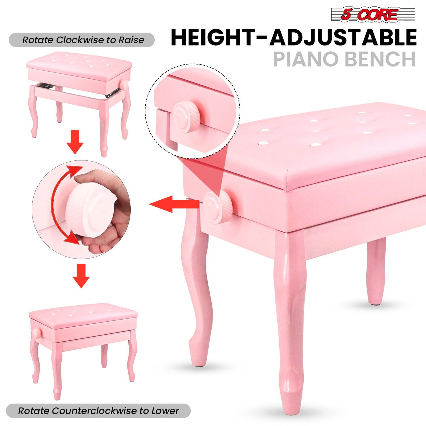 5 Core Piano Bench Wooden Height Adjustable Stool Heavy Duty Keyboard Seat with Storage - PNB WD HD PNK image 4