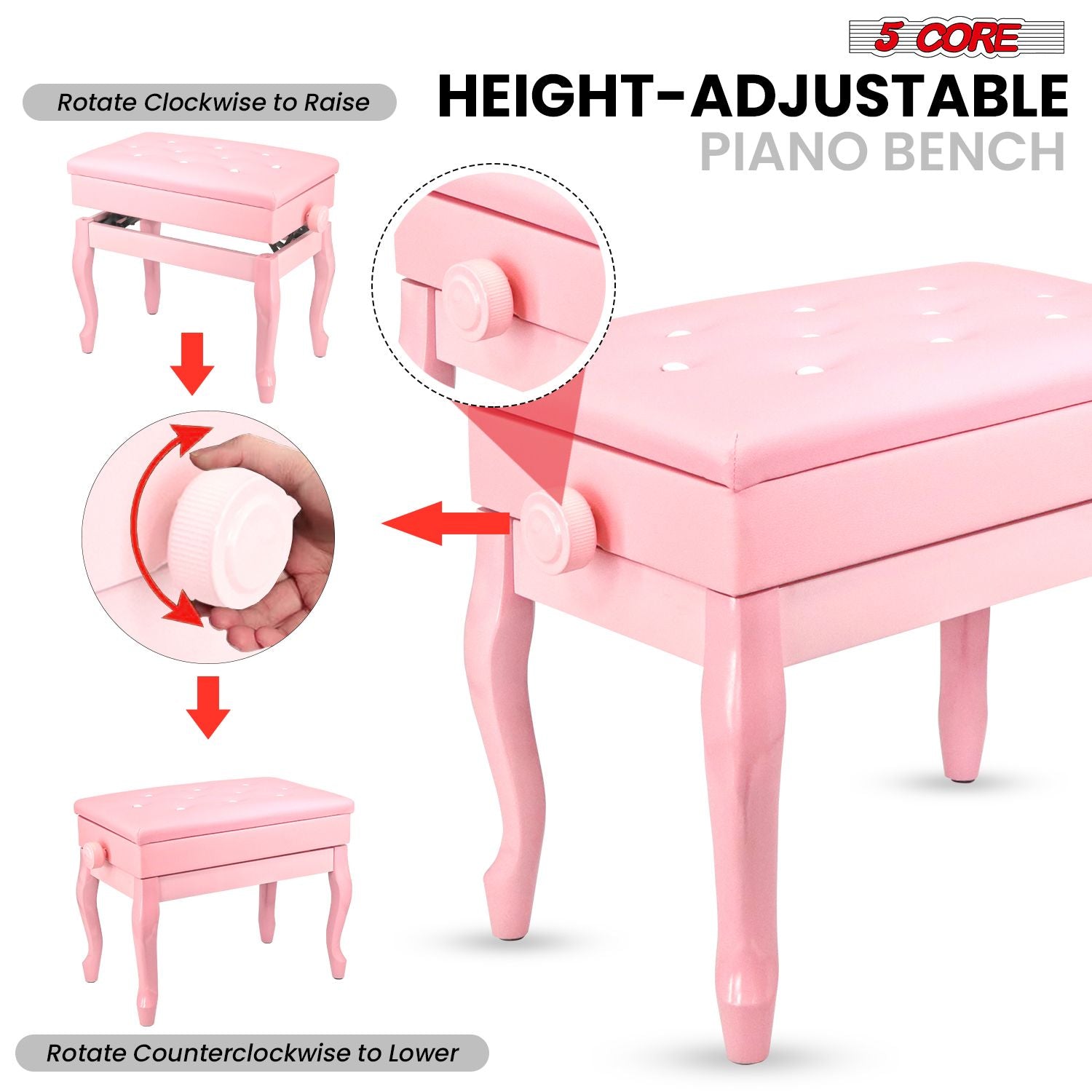 5 Core Piano Bench Wooden Height Adjustable Stool Heavy Duty Keyboard Seat with Storage - PNB WD HD PNK image 4