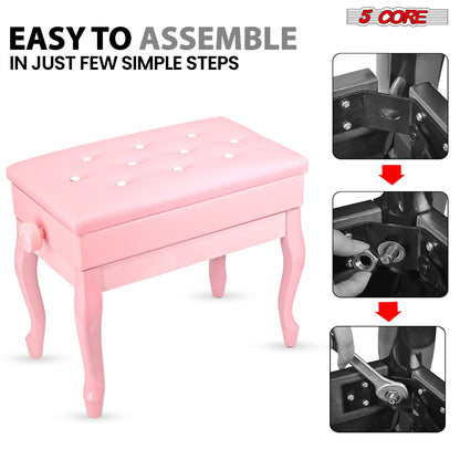 5 Core Piano Bench Wooden Height Adjustable Stool Heavy Duty Keyboard Seat with Storage - PNB WD HD PNK image 10