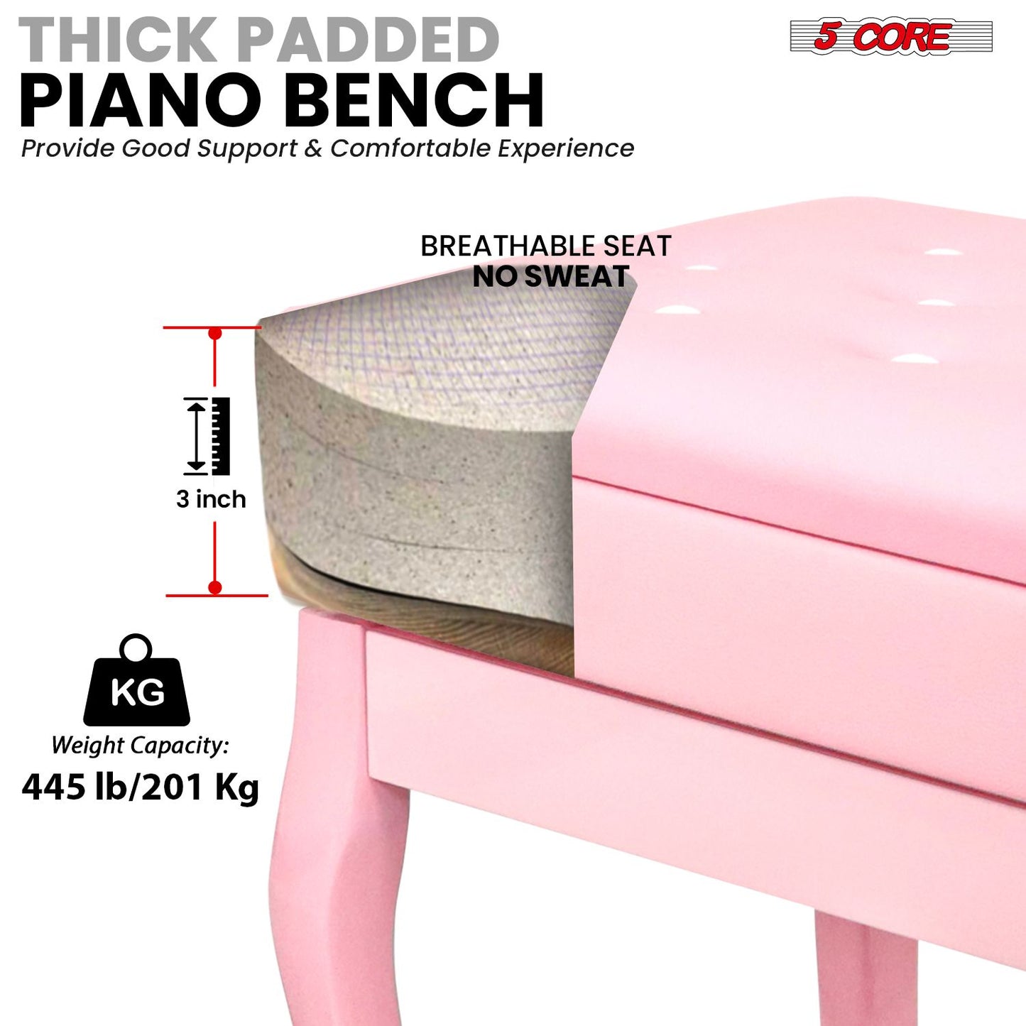 5 Core Piano Bench Wooden Height Adjustable Stool Heavy Duty Keyboard Seat with Storage - PNB WD HD PNK image 2
