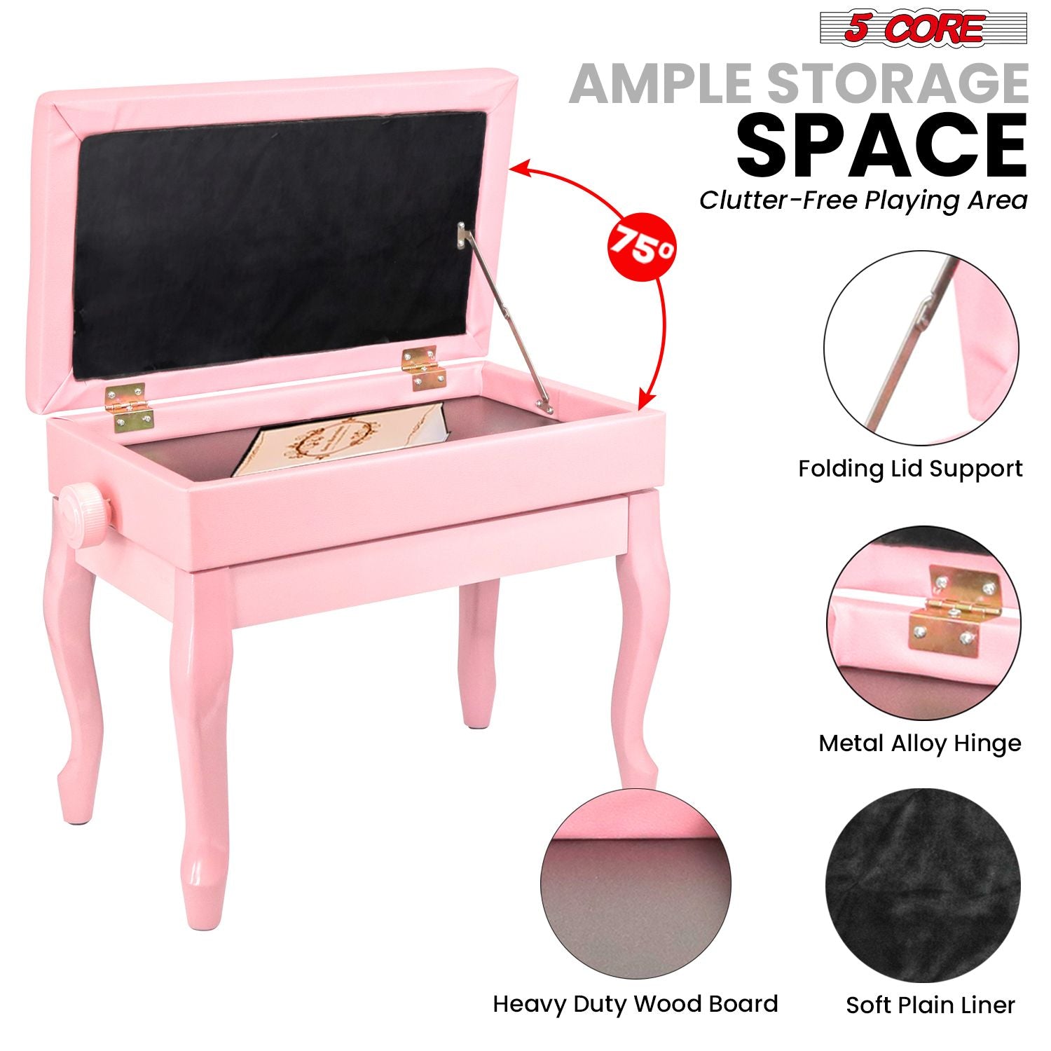 5 Core Piano Bench Wooden Height Adjustable Stool Heavy Duty Keyboard Seat with Storage - PNB WD HD PNK image 5