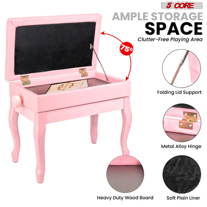 5 Core Piano Bench Wooden Height Adjustable Stool Heavy Duty Keyboard Seat with Storage - PNB WD HD PNK image 5