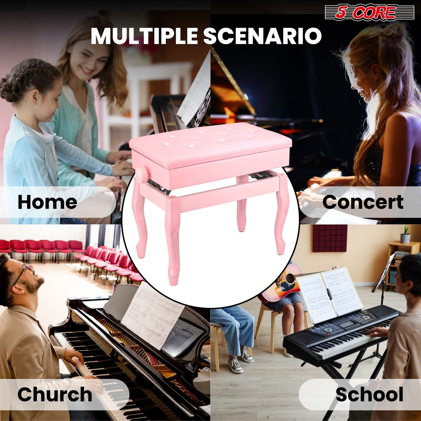 5 Core Piano Bench Wooden Height Adjustable Stool Heavy Duty Keyboard Seat with Storage - PNB WD HD PNK image 12