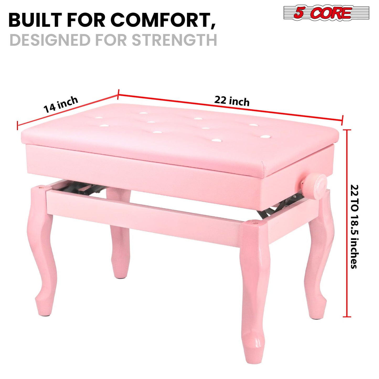5 Core Piano Bench Wooden Height Adjustable Stool Heavy Duty Keyboard Seat with Storage - PNB WD HD PNK image 3
