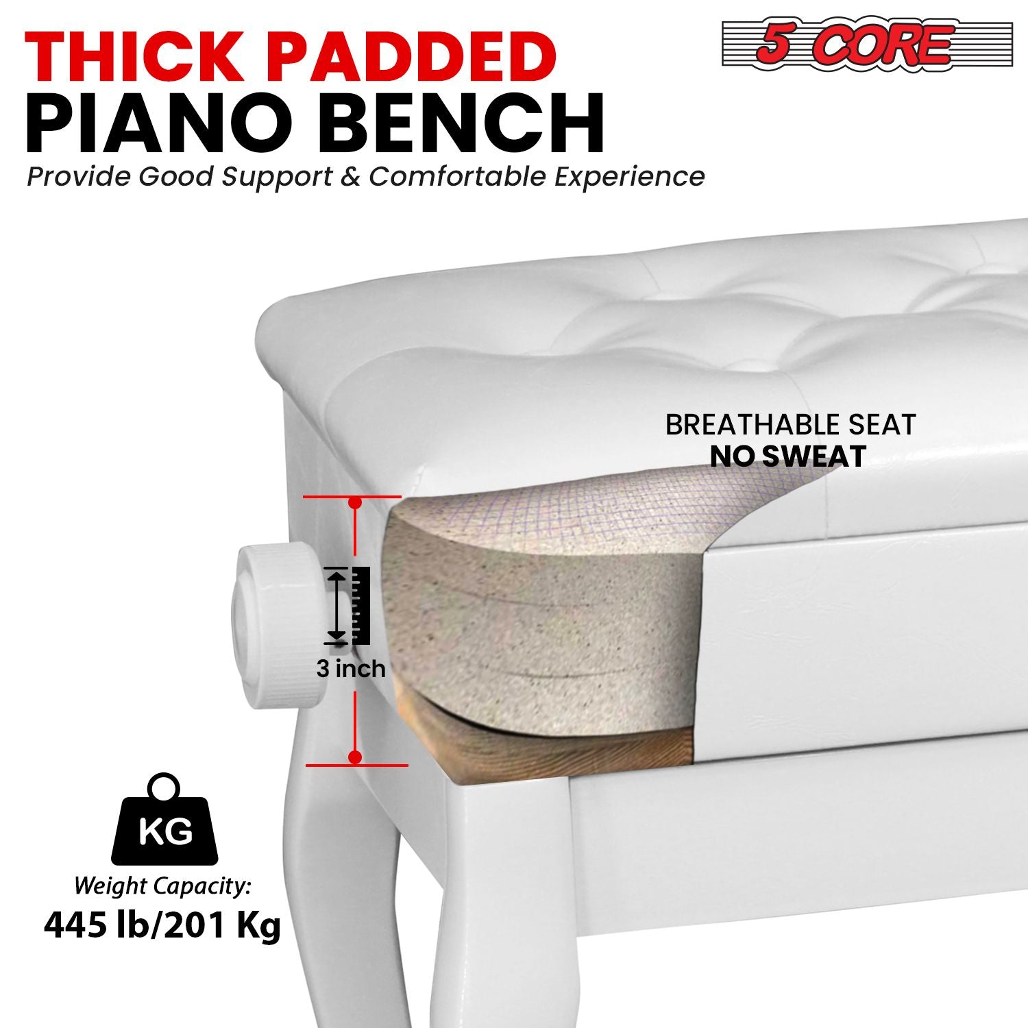 5 Core Piano Bench Wooden Height Adjustable Stool Heavy Duty Keyboard Seat with Storage - PNB WD HD WH image 2