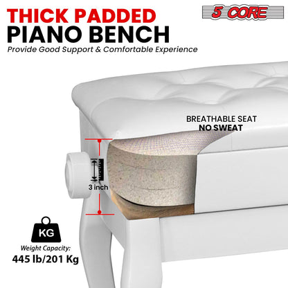 5 Core Piano Bench Wooden Height Adjustable Stool Heavy Duty Keyboard Seat with Storage - PNB WD HD WH image 2